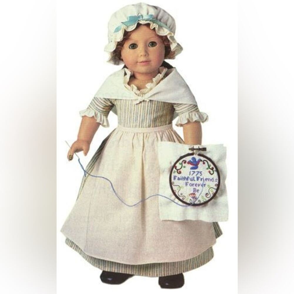 AMERICAN GIRL DOLL Felicity Tan Cream Striped Work Gown Kerchief Hat Outfit Set